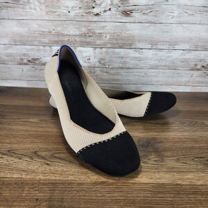 Rothy’s Women’s The Square Tuxedo Cap Toe Ballet Flats Black Beige size 10
